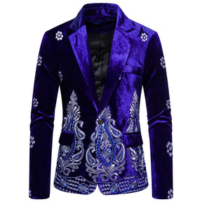 Tuxedo Slim Fit Blue Velvet Embroidery Blazer