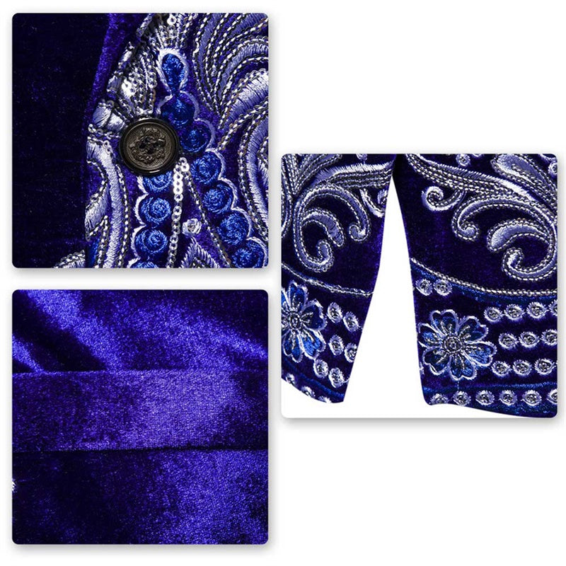 Tuxedo Slim Fit Blue Velvet Embroidery Blazer