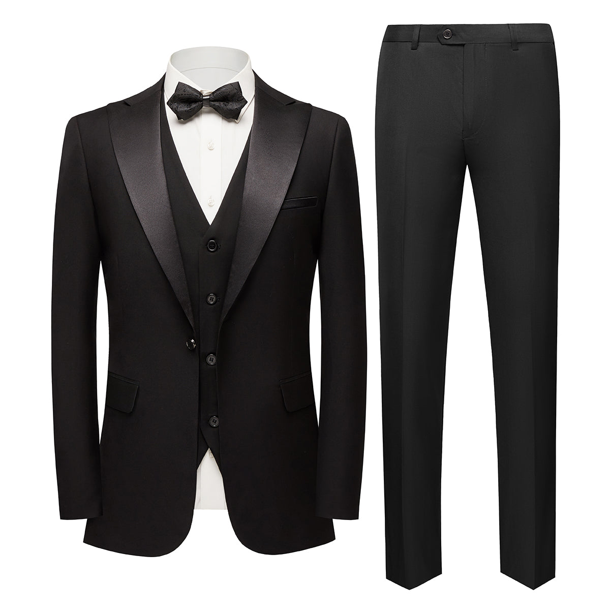 3-Piece One Button Suit Slim Fit Black Suit -Cloudstyle