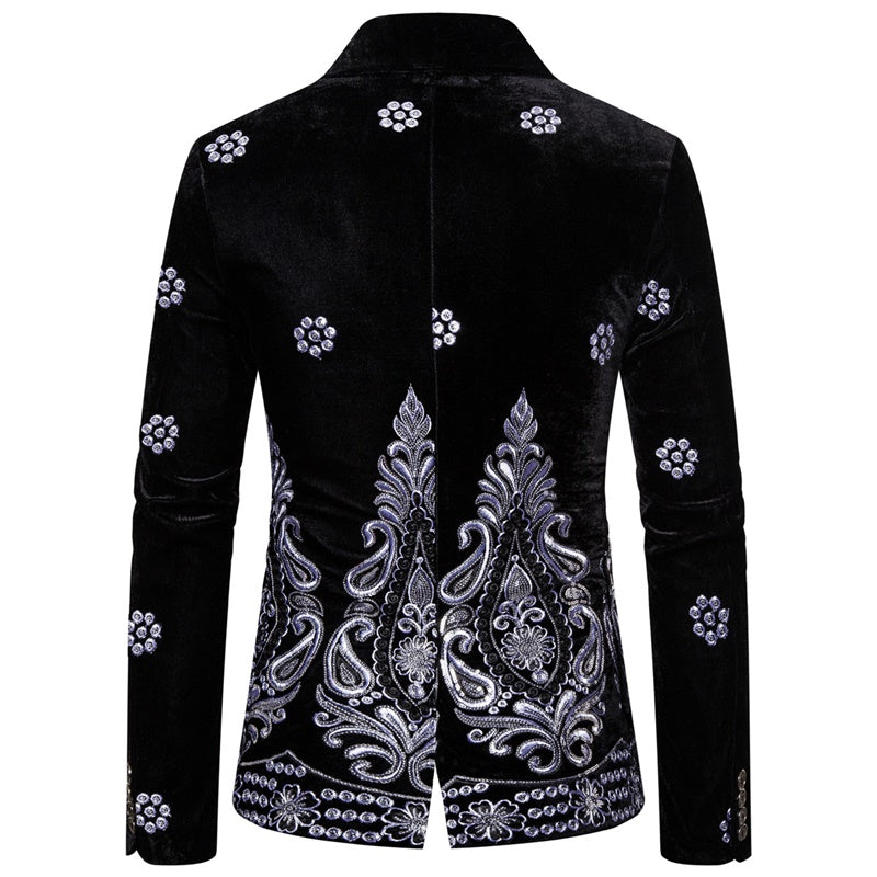 Tuxedo Slim Fit Black Velvet Embroidery Blazer